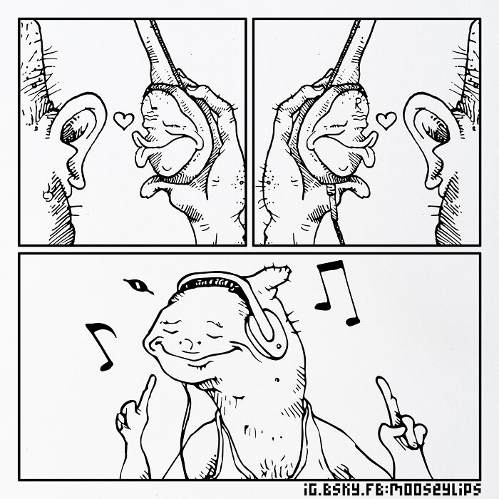 Absurd comics by Mooseylips showing a quirky creature and unusual ear with lips in a weird and funny comic style.