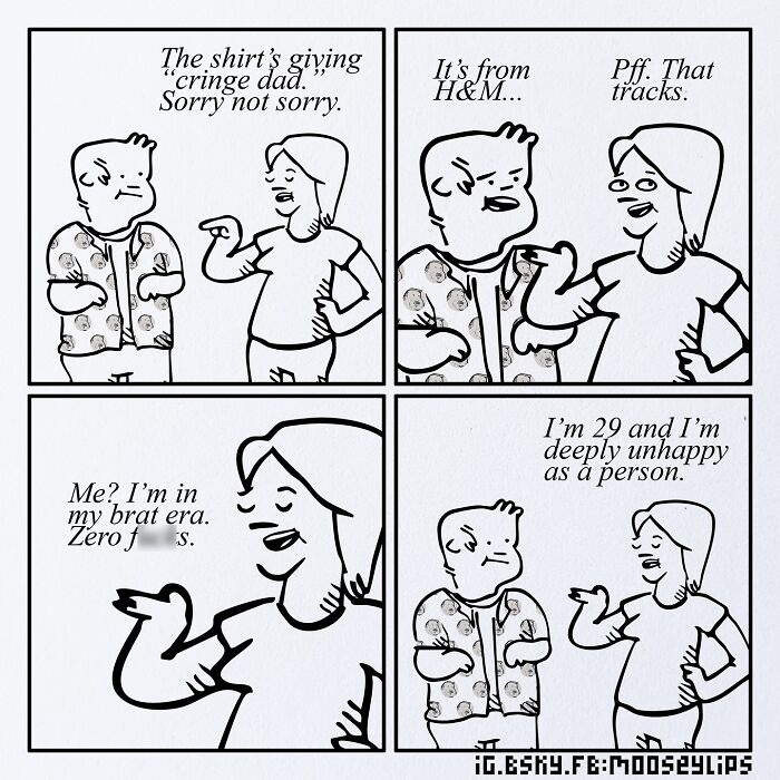 Comic strip by Mooseylips featuring absurd humor with two characters discussing cringe dad shirts and brat era attitude.