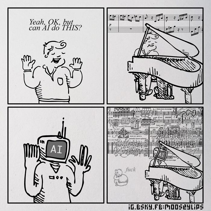 Comic panels showing a man and an AI robot with a TV head playing piano, featuring absurd humor in a black and white style.