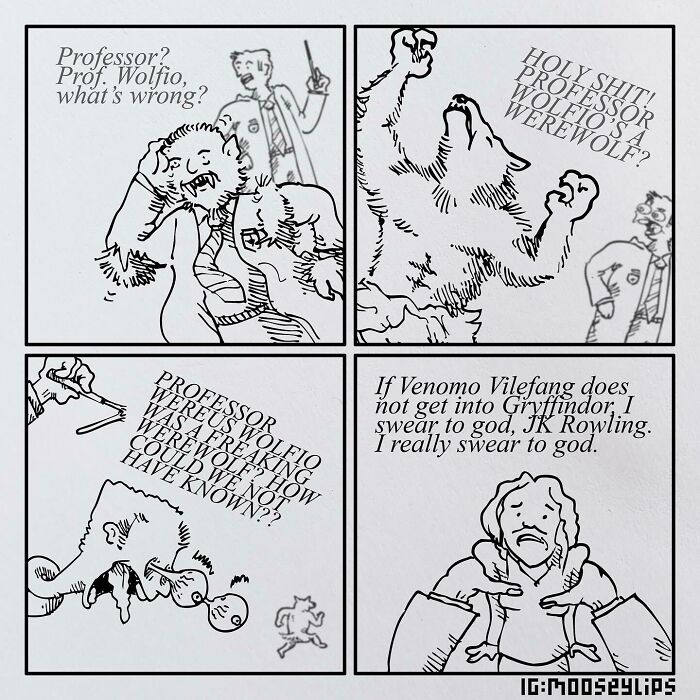 Black and white comic panels depicting a professor turning into a werewolf with absurd and weird humor style.