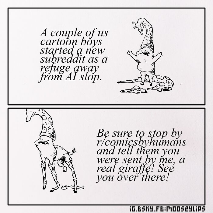 Absurd comics by Mooseylips showing quirky cartoon characters promoting a new subreddit focused on weird and absurd humor.