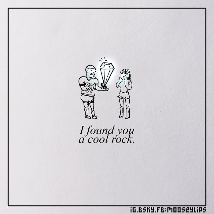 Absurd comic panel by Mooseylips shows a man presenting a giant gemstone to a surprised woman with weird and absurd humor.