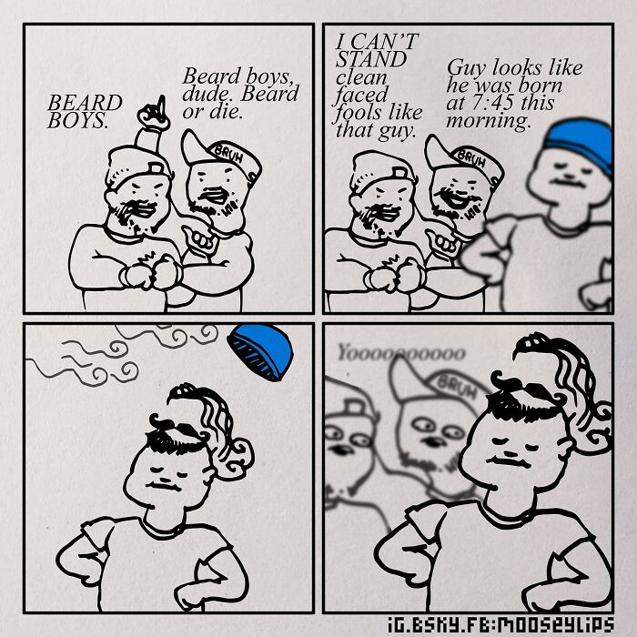 Absurd comics by Mooseylips feature quirky beard boys and weird humor in a four-panel black and white comic strip.