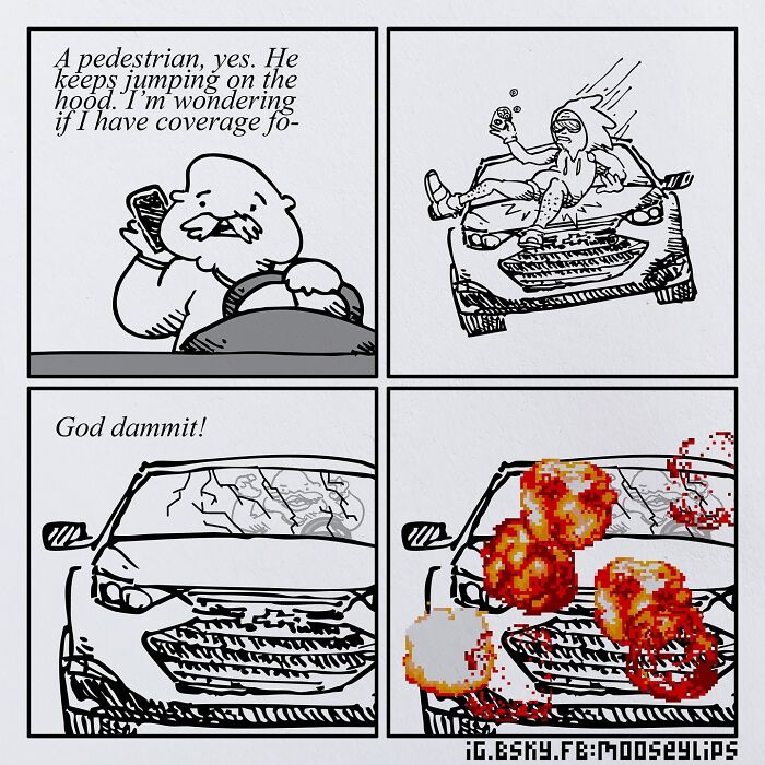 Black and white comic panels featuring absurd humor with a man on a phone and a pedestrian jumping on a car hood.