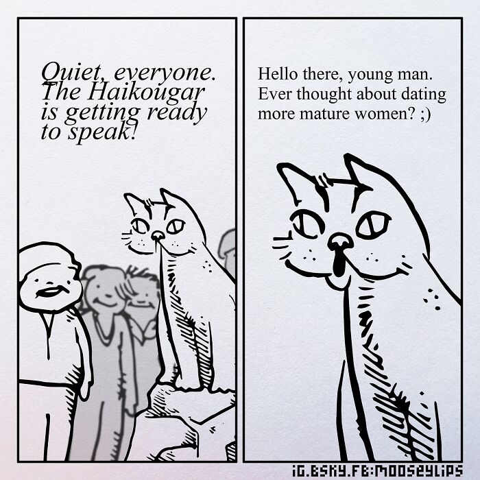 Comic panel featuring a cat called Haikougar about to speak, showcasing absurd humor in Mooseylips' weird comics style.