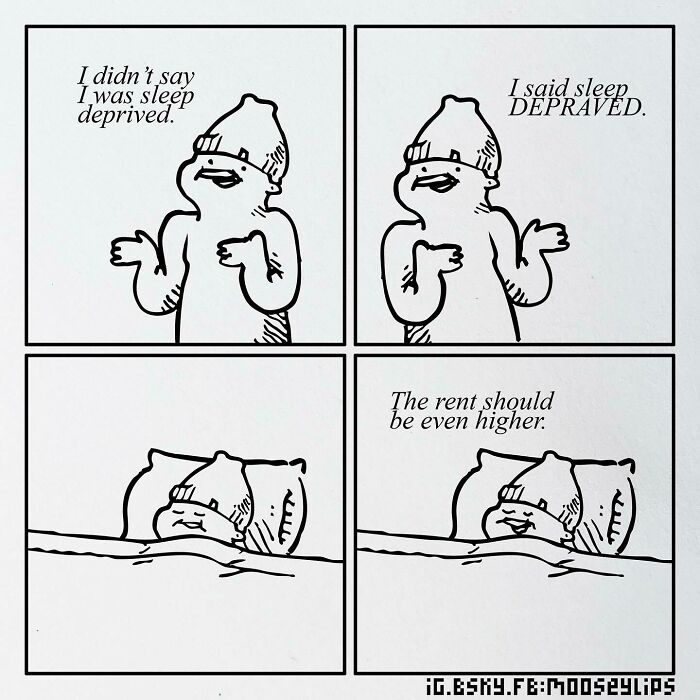 Absurd comic by Mooseylips shows a character humorously misunderstanding sleep deprivation as sleep depravity in four panels.