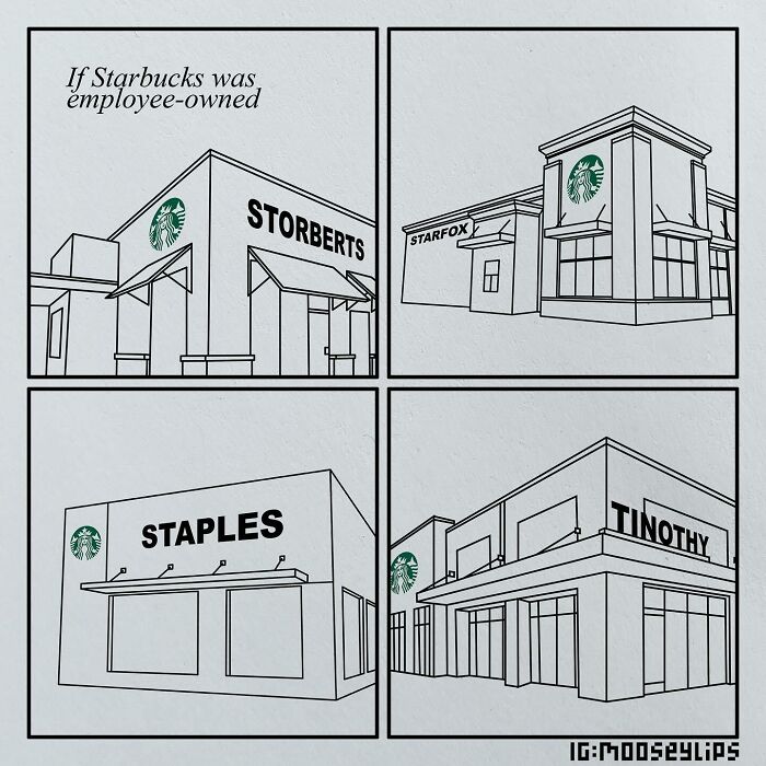 Absurd comics by Mooseylips depicting humor with employee-owned Starbucks store name parodies in a weird and funny style.