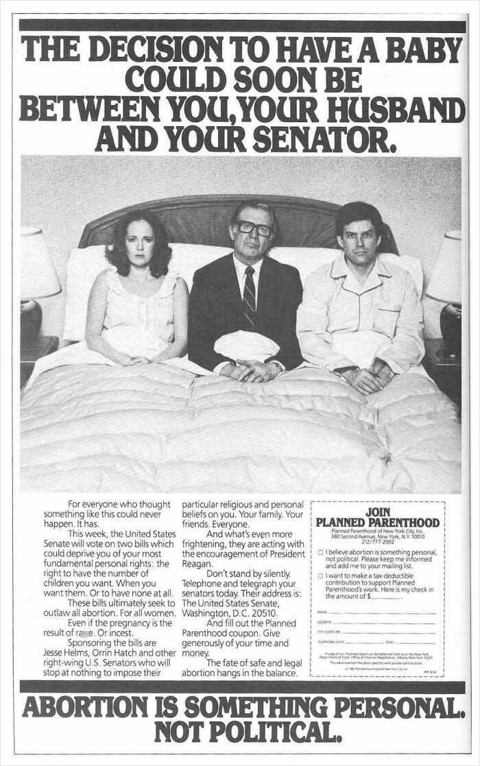 Vintage advertisement showing a couple and a senator in bed discussing personal and political abortion rights.