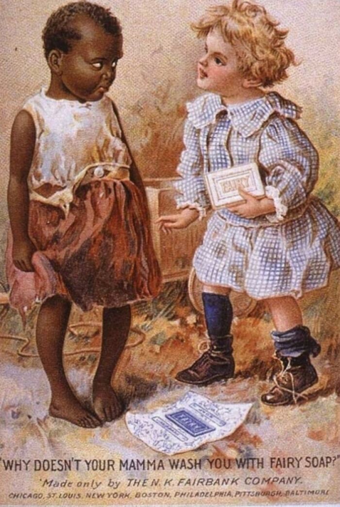 Vintage advertisement showing two children with contrasting appearances, highlighting outdated social attitudes in vintage advertisements.