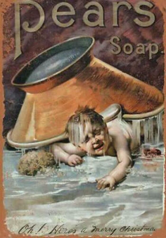 Vintage advertisement showing a baby crawling out of a large soap dish, representing vintage advertisements from the past.