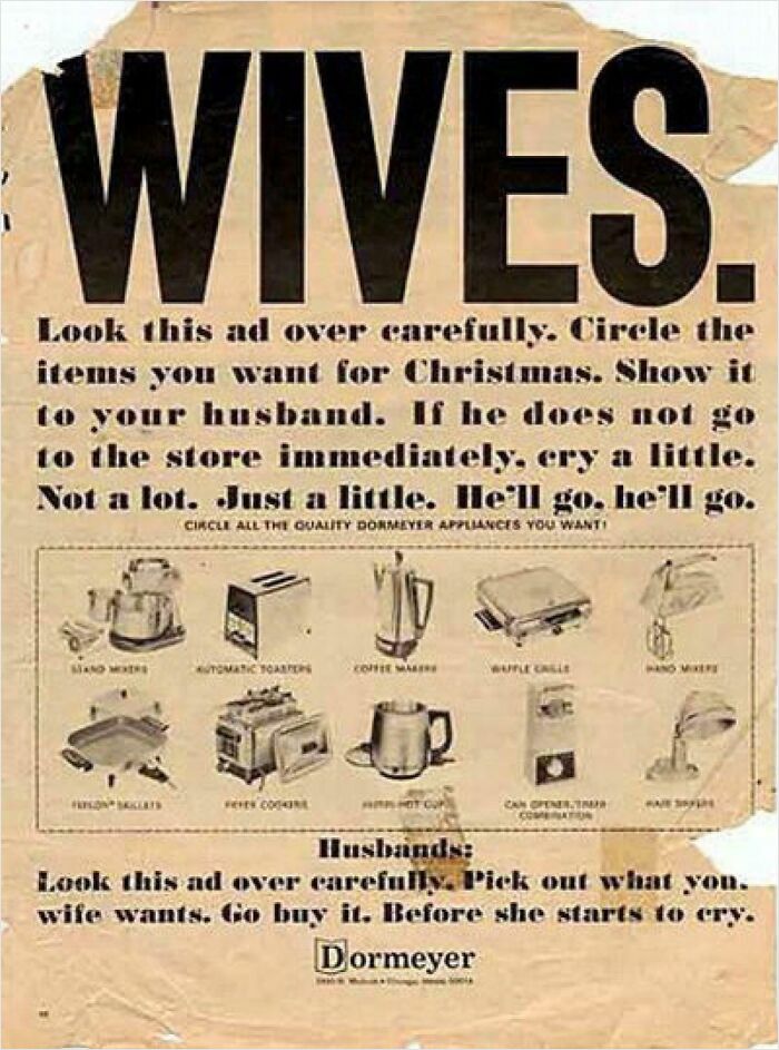 Vintage advertisement targeting wives for Christmas gifts, featuring household appliances, a classic example of vintage advertisements.