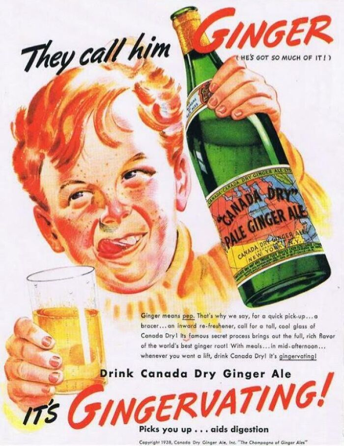 Vintage advertisement featuring a red-haired boy holding Canada Dry Ginger Ale, showcasing fascinating vintage advertisements.