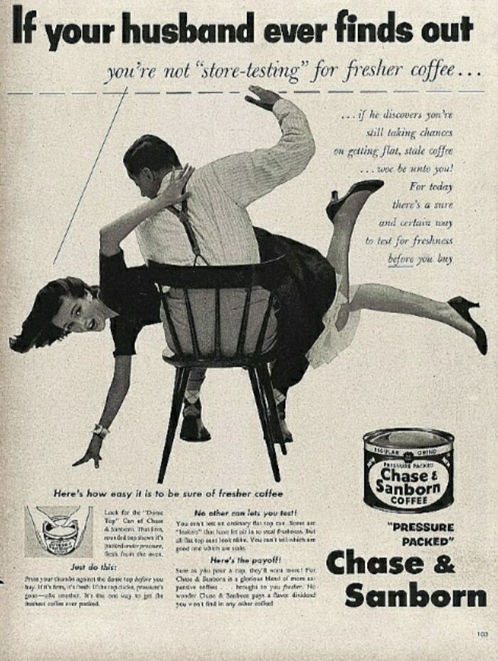 Vintage advertisement showing a man spanking a woman, illustrating outdated views in vintage advertisements today.