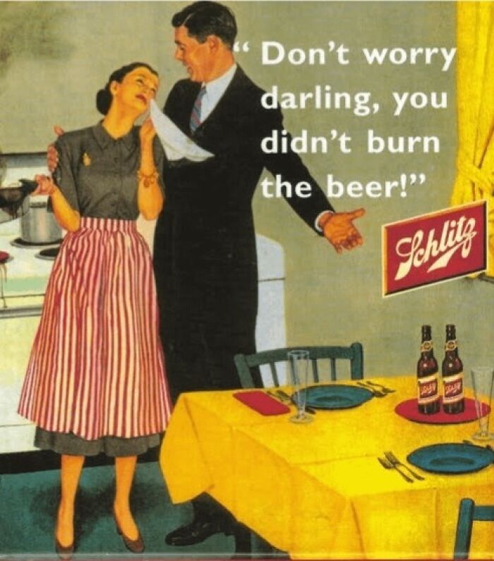 Vintage advertisement showing a man comforting a woman in a kitchen with two Schlitz beer bottles on the table.