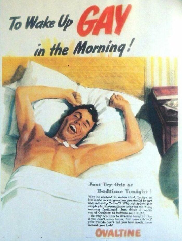 Vintage advertisement showing a man waking up happy in bed promoting morning freshness from Ovaltine.