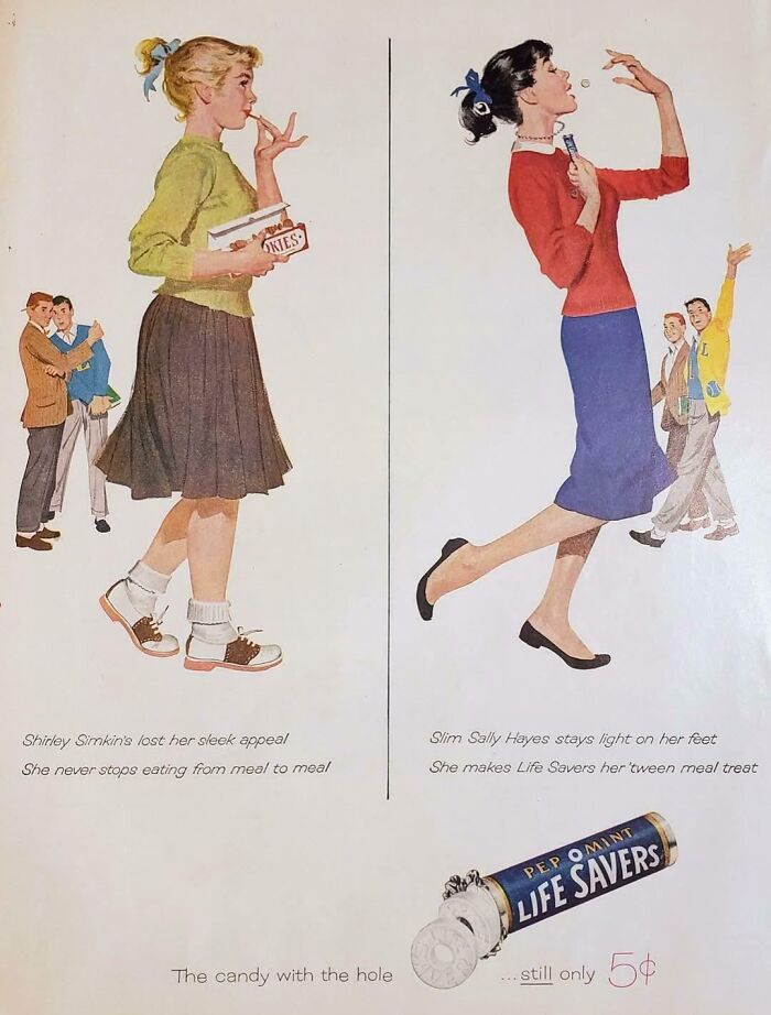 Vintage advertisements showing two women with Life Savers candy, highlighting vintage advertising style and product appeal.