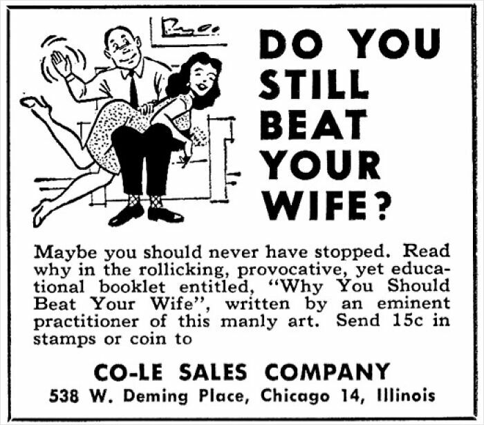 Vintage advertisement showing a man spanking a woman with provocative text, representing controversial vintage advertisements.