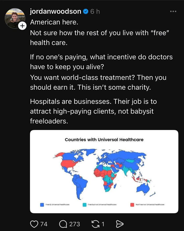 Screenshot of a social media post discussing American views on free healthcare with a map of universal healthcare coverage.