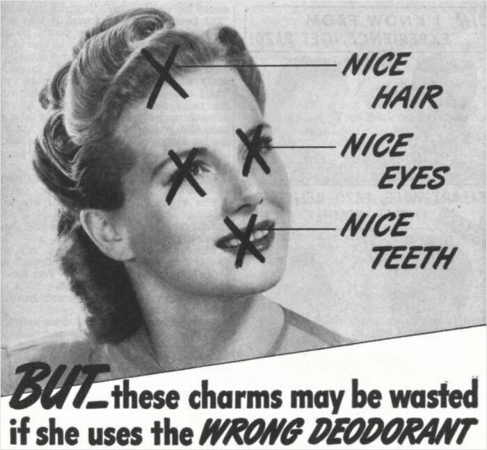Black and white vintage advertisement highlighting beauty features with text warning about using the wrong deodorant, vintage advertisements.