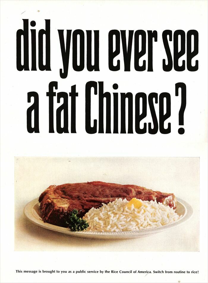 Vintage advertisement showing a steak and rice dish with bold text, highlighting controversial vintage advertisements.