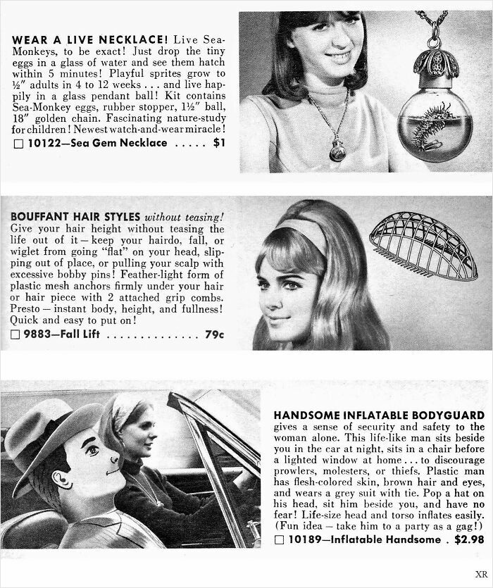 Vintage advertisements featuring live sea-monkey necklace, bouffant hair styles, and an inflatable bodyguard toy.