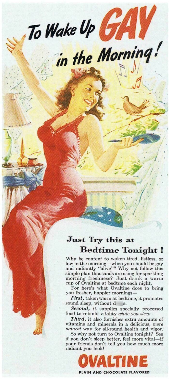 Vintage advertisement showing a smiling woman in red nightwear promoting Ovaltine for a fresh morning, classic vintage ads.