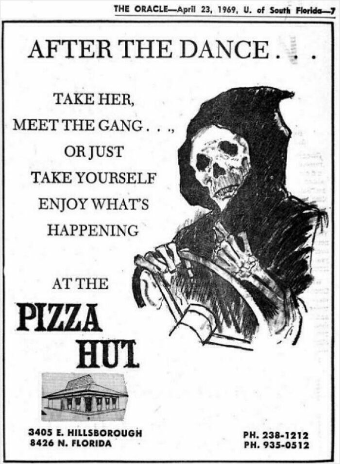Vintage advertisement featuring a grim reaper promoting Pizza Hut with a dark, eerie theme from a 1969 newspaper.