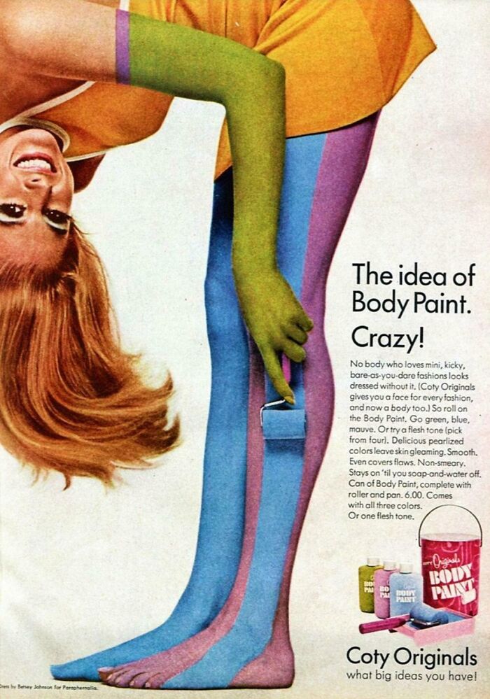 Vintage advertisement showing colorful body paint on legs and arm, promoting unique and fascinating vintage advertisements.