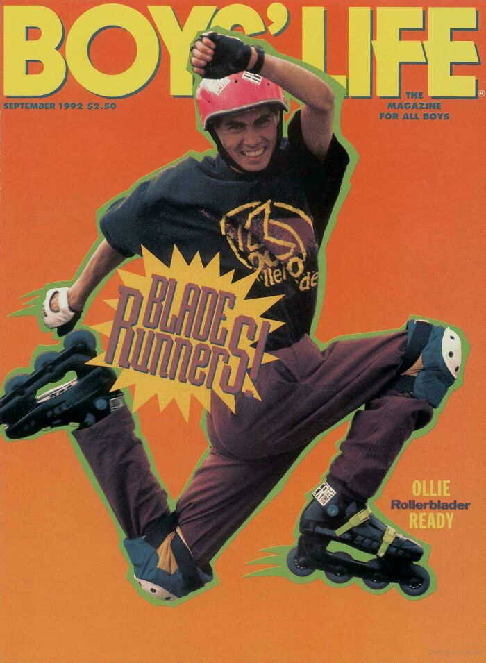 Teen rollerblader performing a trick on the cover of a 90s magazine, capturing 90s nostalgia and memories.