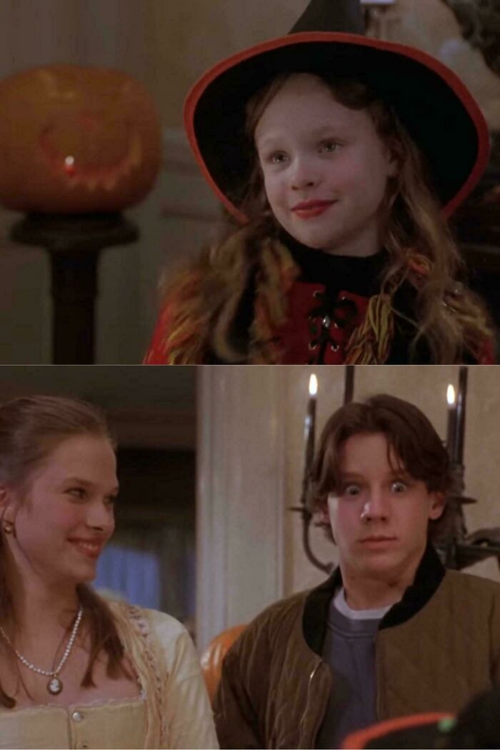 Two scenes from a 90s movie featuring kids dressed in Halloween costumes with a carved pumpkin in the background.
