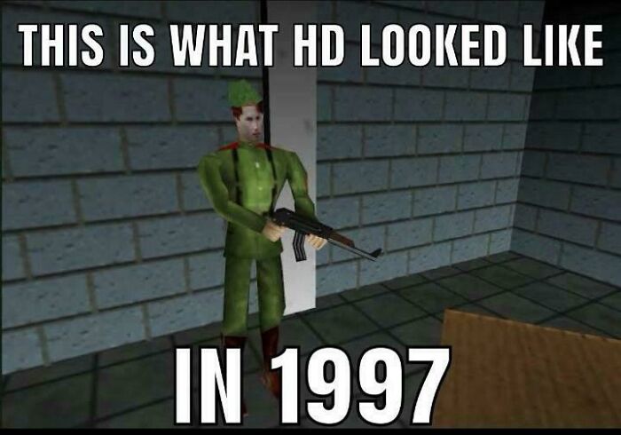 Low-poly 1997 video game soldier holding a rifle, showcasing early HD graphics from 90s posts to unlock memories.