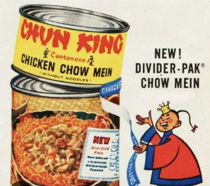 Vintage Chun King canned chicken chow mein with packaging featuring divider-pak and nostalgic cartoon character.