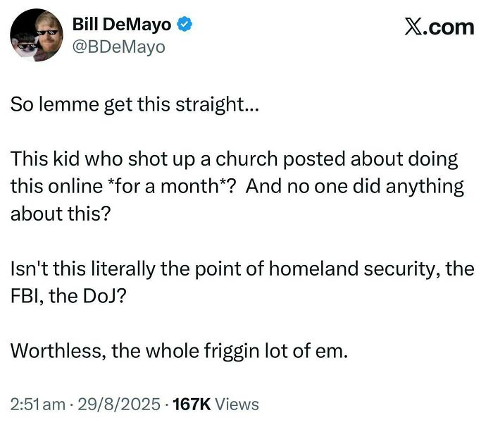 Bold tweet questioning homeland security and FBI response to online threats, reflecting on frustration shared by many people.