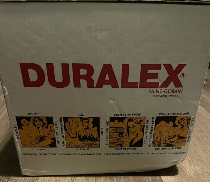 Duralex product packaging, highlighting features like durable, elegant, freezer-proof, and withstands boiling water. A true Buy It For Life purchase.