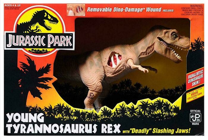 Jurassic Park 90s toy of Young Tyrannosaurus Rex with removable dino-damage wound and realistic dinosaur skin in packaging.