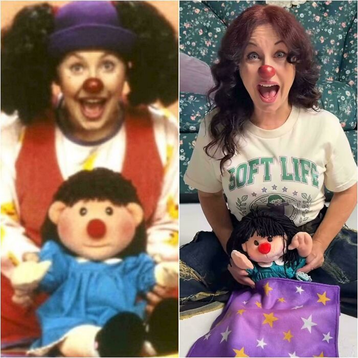 Side-by-side images of a woman and puppet with red noses, evoking ’90s posts and nostalgic childhood memories.