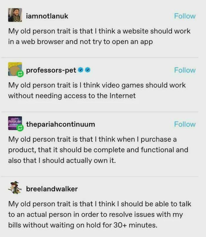 Social media posts highlighting frustrations with modern consumerism and digital product limitations.