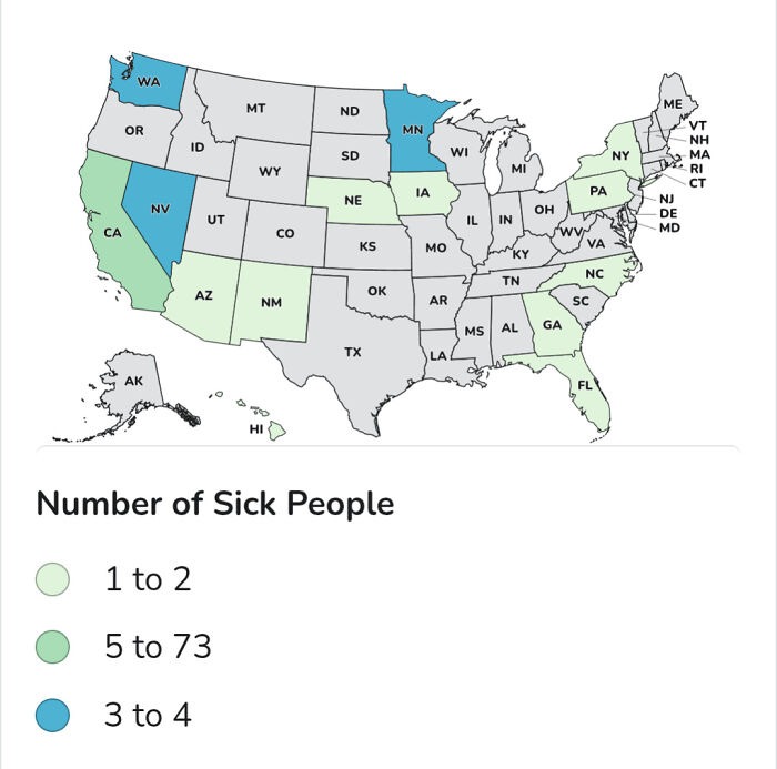 US map showing number of sick people by state with color-coded data, illustrating attempt but the universe had different plans.