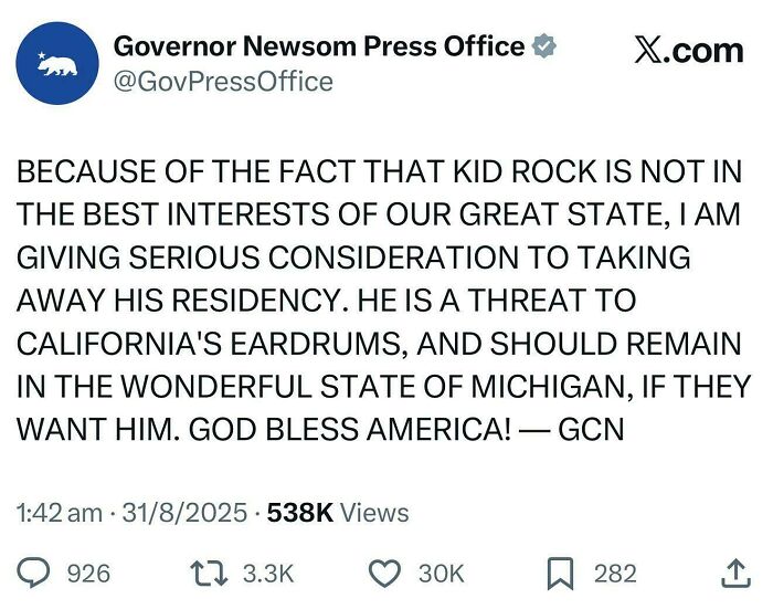 Tweet from Governor Newsom Press Office addressing residency and controversial opinions, highlighting bold tweets that hit a nerve.