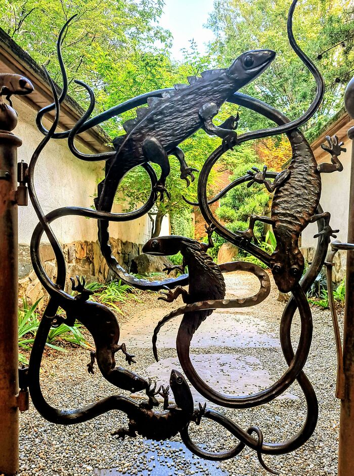 Intricate metal gate featuring lizard designs, showcasing creative and smart design to enhance outdoor spaces.