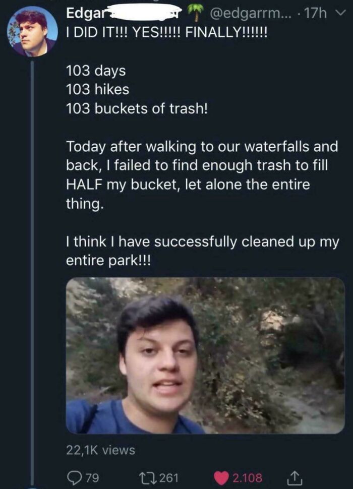 Tweet screenshot: selfie of a young man on a wooded trail celebrating cleaning a park, inspiring amazing photos