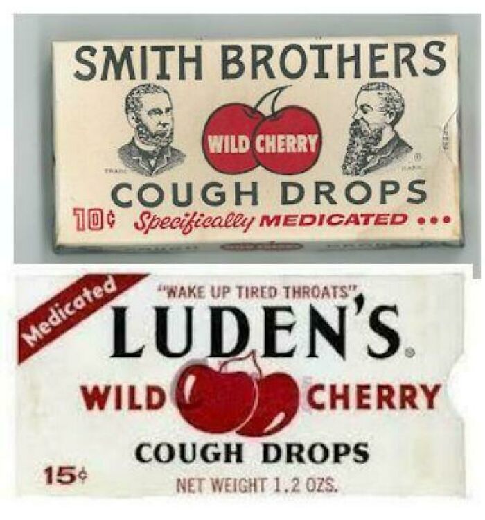 Vintage wild cherry cough drops packaging from Smith Brothers and Luden’s, evoking nostalgic posts to feel old as heck.