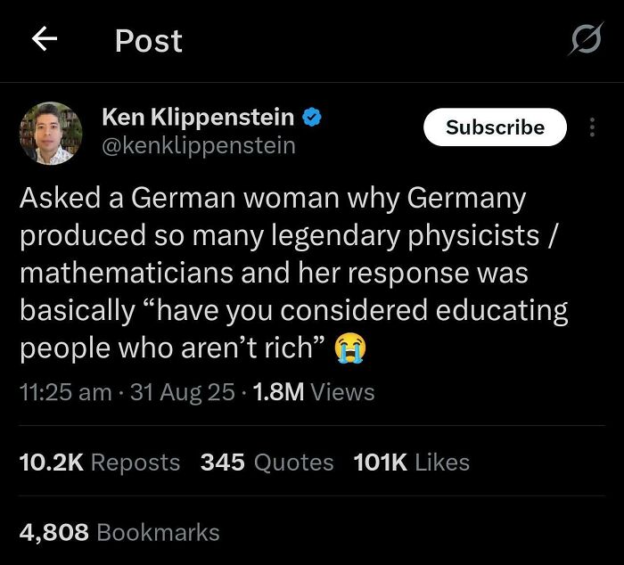 Tweet by Ken Klippenstein about Germany producing legendary physicists and mathematicians, highlighting education and social issues.
