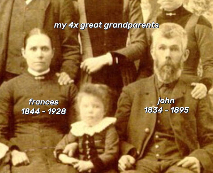 Sepia-toned photo of 4x great grandparents Frances (1844-1928) and John (1834-1895) in a family historian&rsquo;s archive.