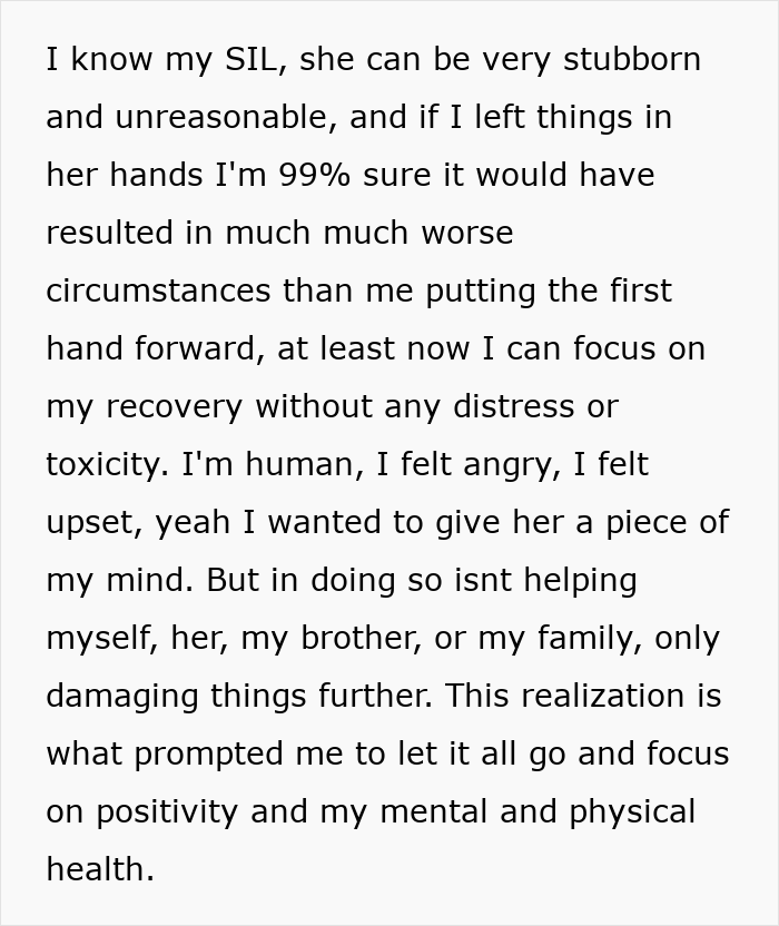 Text describing a woman needing support from family after devastating news, facing drama from a jealous sister-in-law.