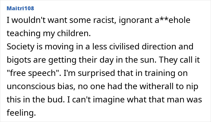 Screenshot of a forum comment discussing a teacher revealing racist thoughts during unconscious bias training.