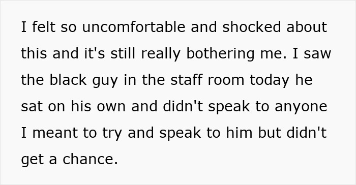 Text excerpt from new hire about feeling uncomfortable and shocked after teacher reveals racist thoughts during unconscious bias training session.