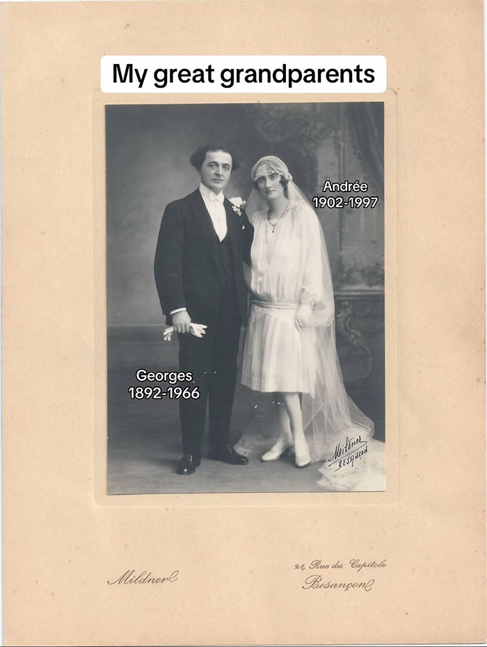 Black and white wedding photo of great grandparents Georges and Andr&eacute;e, vintage family historian sharing family tree online.