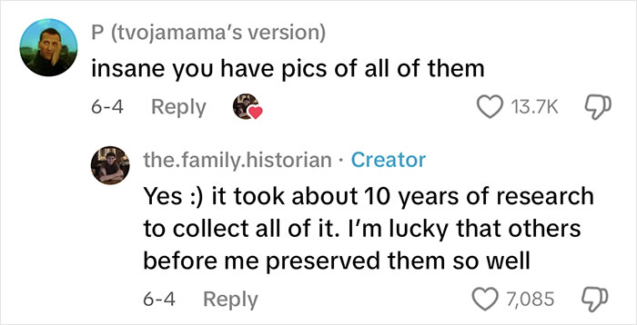 Conversation between a family historian and a follower discussing a decade of research preserving family tree photos.