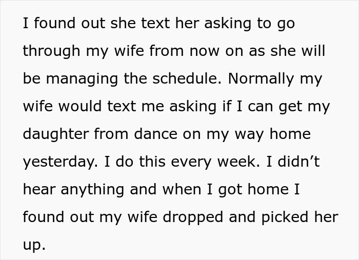 Text message describing how wife proves husband wrong by managing schedule and handling daughter's dance pickup independently.